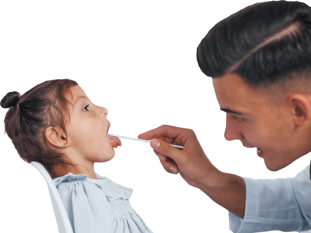 Ear, Nose and Throat doctor checks throat of young girl