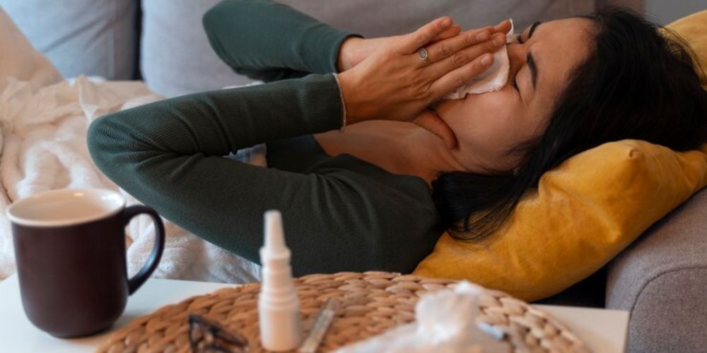 Women laying down on couch blowing stuffy nose into tissue